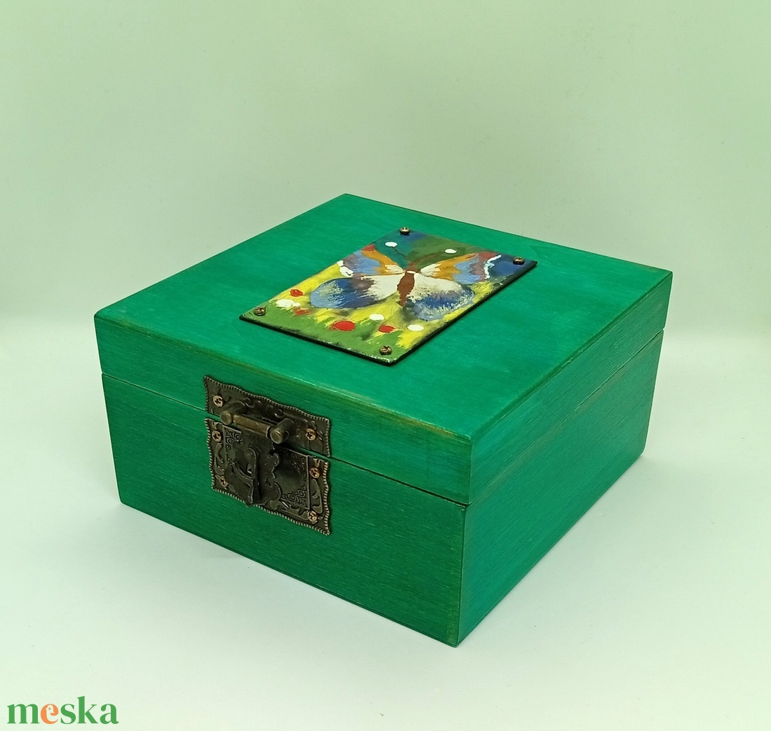 Pillangós tűzzománc fa doboz - otthon & életmód - dekoráció - asztal és polc dekoráció - díszdoboz - Meska.hu