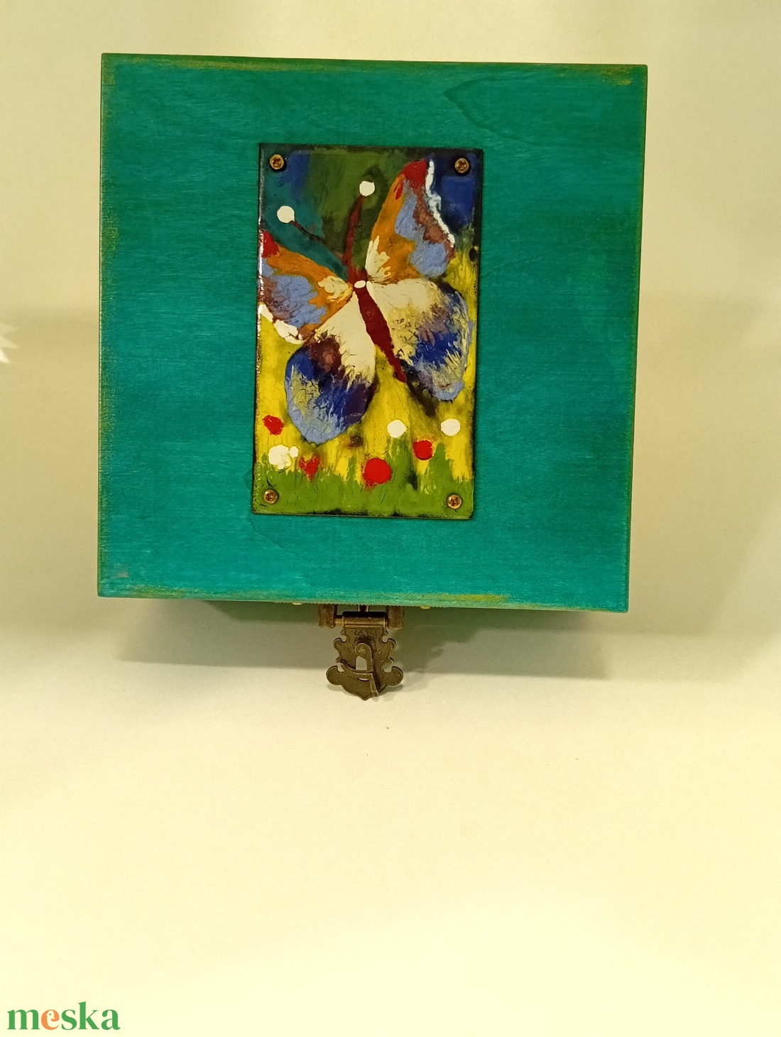 Pillangós tűzzománc fa doboz - otthon & életmód - dekoráció - asztal és polc dekoráció - díszdoboz - Meska.hu