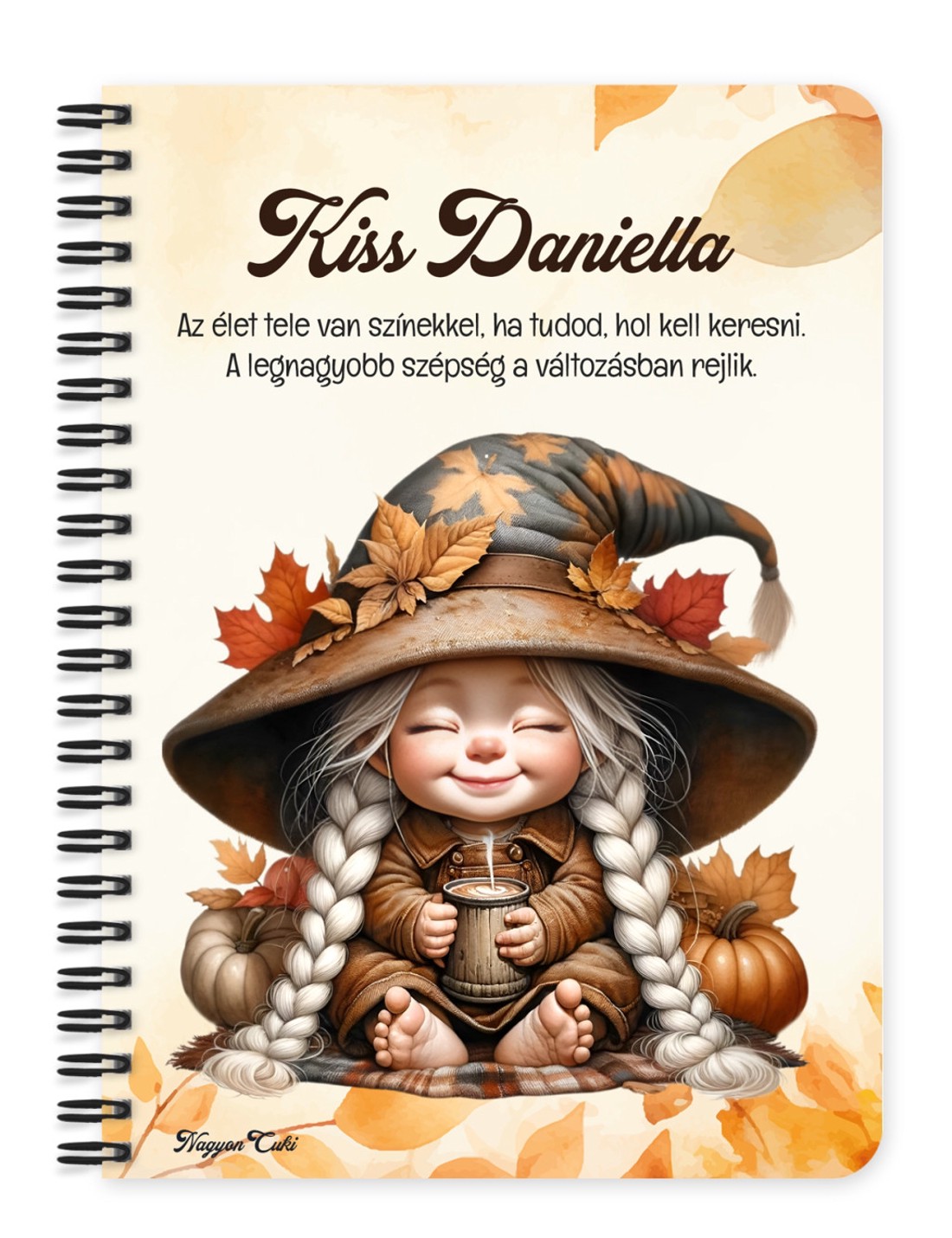 Személyre szabható - Kávézós őszi manó lány mintás A6-os füzet - otthon & életmód - papír, írószer - jegyzetfüzet & napló - Meska.hu