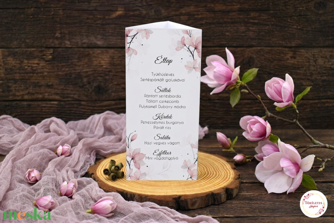 Menüháromszög magnóliával - esküvő - meghívó & kártya - menü - Meska.hu