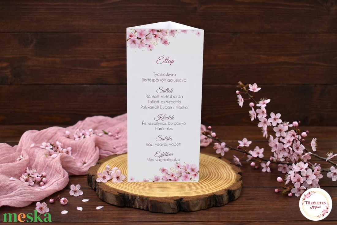 Menüháromszög cseresznyevirággal - esküvő - meghívó & kártya - menü - Meska.hu