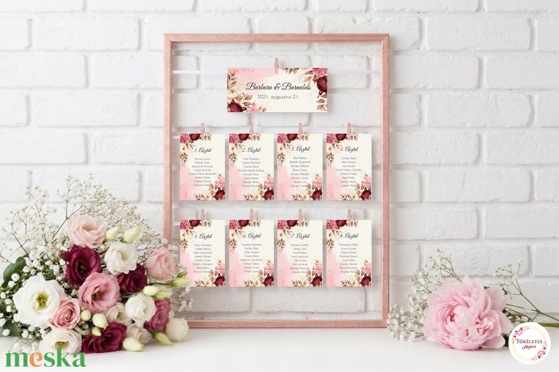 Ülésrend bordó virágokkal - esküvő - meghívó & kártya - ültetési rend - Meska.hu