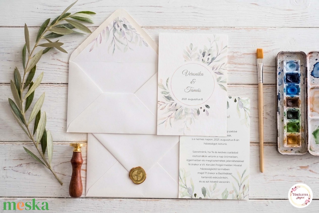 Vízfesték hatású meghívó zöld növényekkel - esküvő - meghívó & kártya - meghívó - Meska.hu