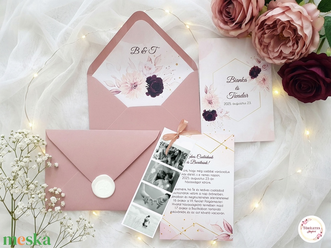 Rózsaszín meghívó szett fotóval  - esküvő - meghívó & kártya - meghívó - Meska.hu