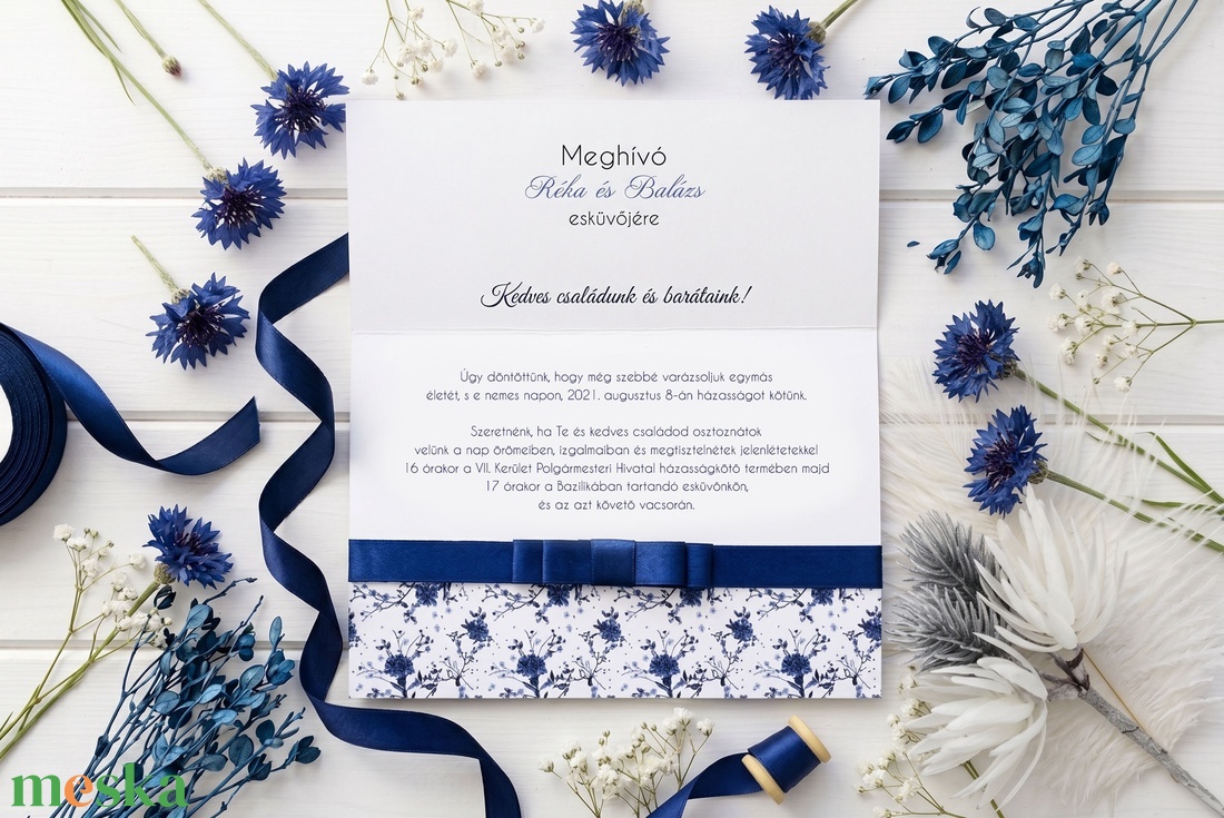 Nyitható meghívó kék virágokkal - esküvő - meghívó & kártya - meghívó - Meska.hu