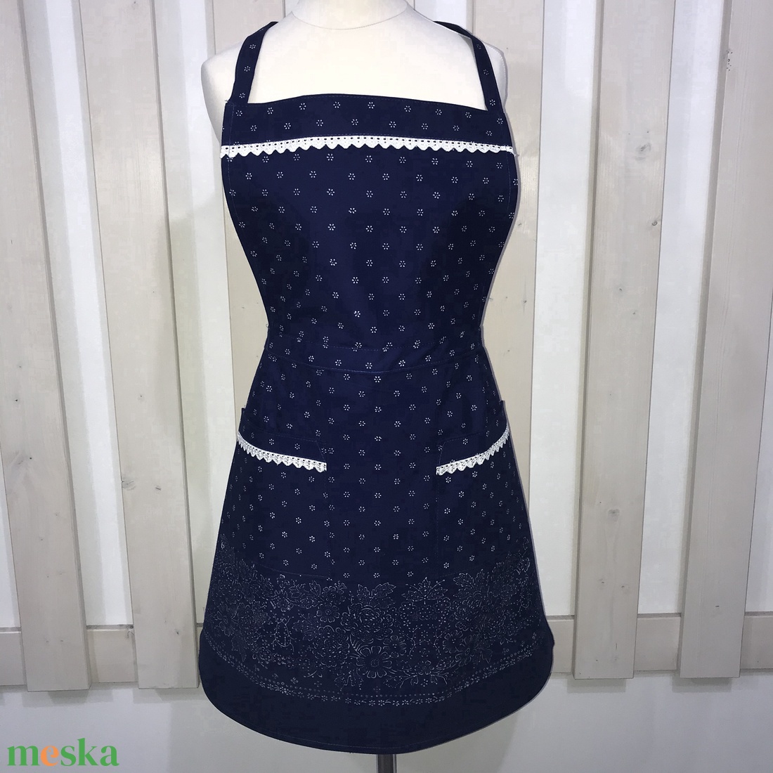Kékfestő bordűrös retro kötény - otthon & életmód - konyhafelszerelés, tálalás - konyhai textil - kötény - Meska.hu