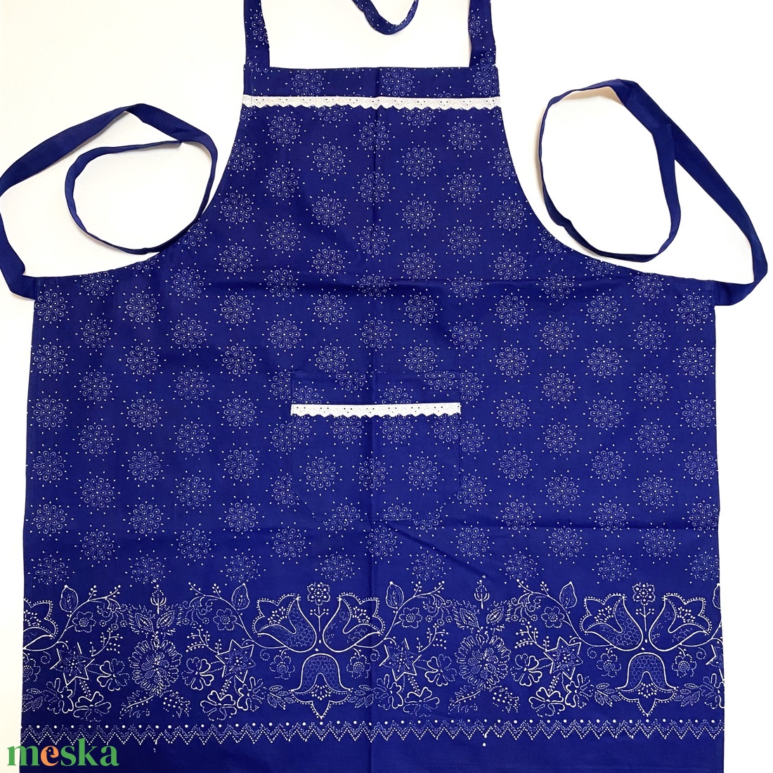 Bordűrös kötény eredeti kékfestő - otthon & életmód - konyhafelszerelés, tálalás - konyhai textil - kötény - Meska.hu