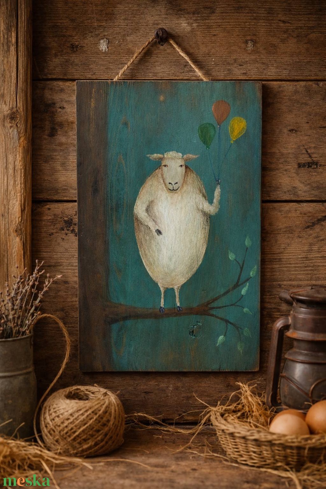 Rusztikus antikolt fára festett kép, bárány - művészet - festmény - akril - Meska.hu