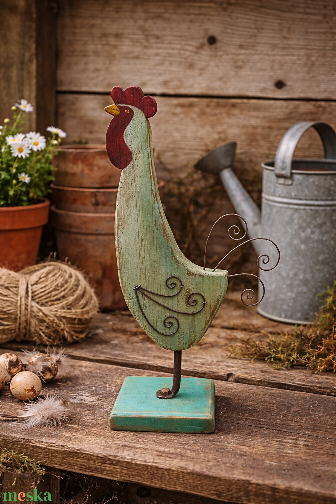 Fából készült festett rusztikus, antikolt kakas fatalpon - otthon & életmód - dekoráció - dekoratív figurák és szobrok - Meska.hu