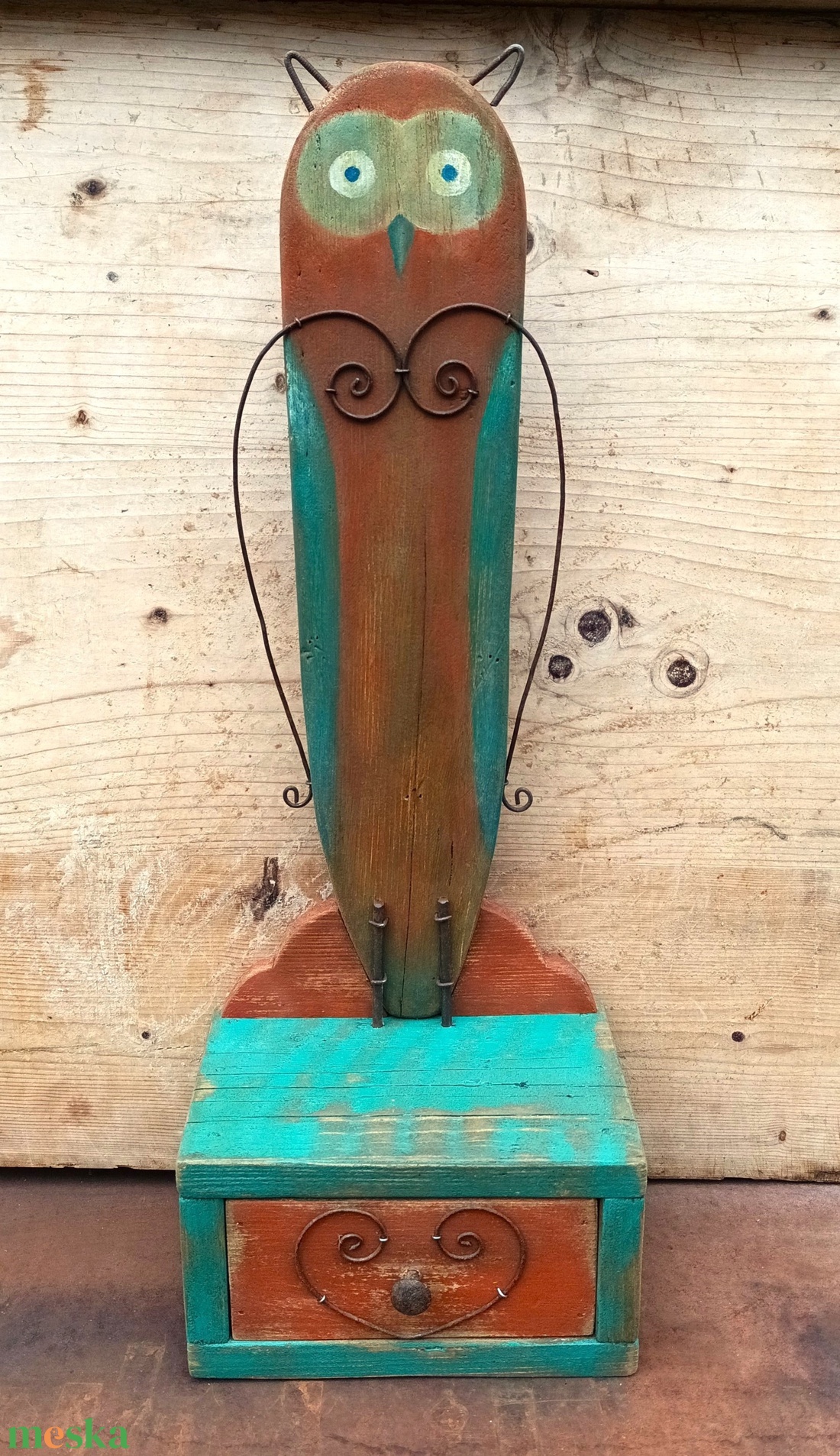 Rusztikus antikolt baglyos polc fiókkal - otthon & életmód - bútor - polc - Meska.hu