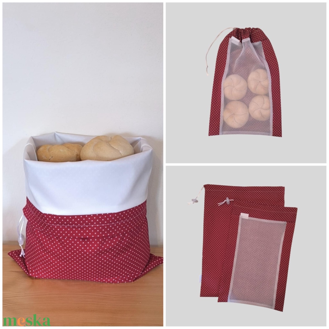 Frissentartó kenyeres zsák+bevásárló zsák bordó pöttyös - táska & tok - bevásárlás & shopper táska - kenyeres zsák - Meska.hu