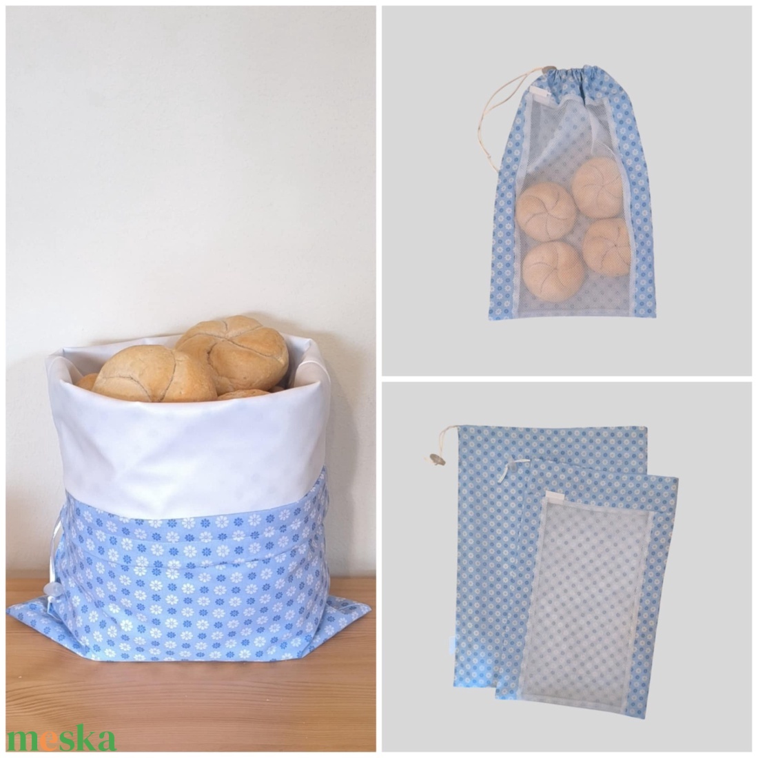 Frissentartó kenyeres zsák+bevásárló zsák kék margarétás - táska & tok - bevásárlás & shopper táska - kenyeres zsák - Meska.hu