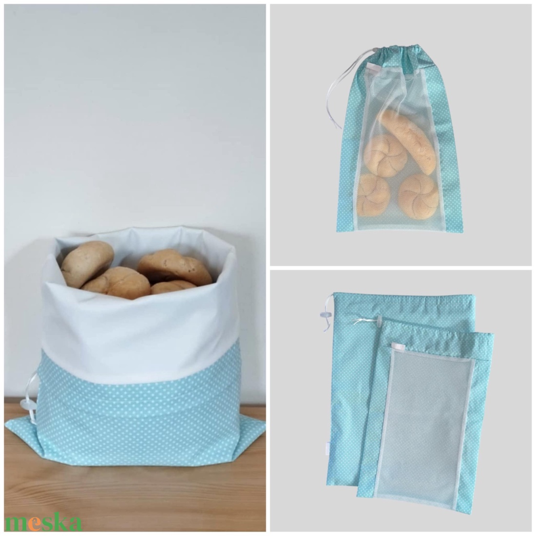 Frissentartó kenyeres zsák+bevásárló zsák türkizzöld pöttyös - táska & tok - bevásárlás & shopper táska - kenyeres zsák - Meska.hu