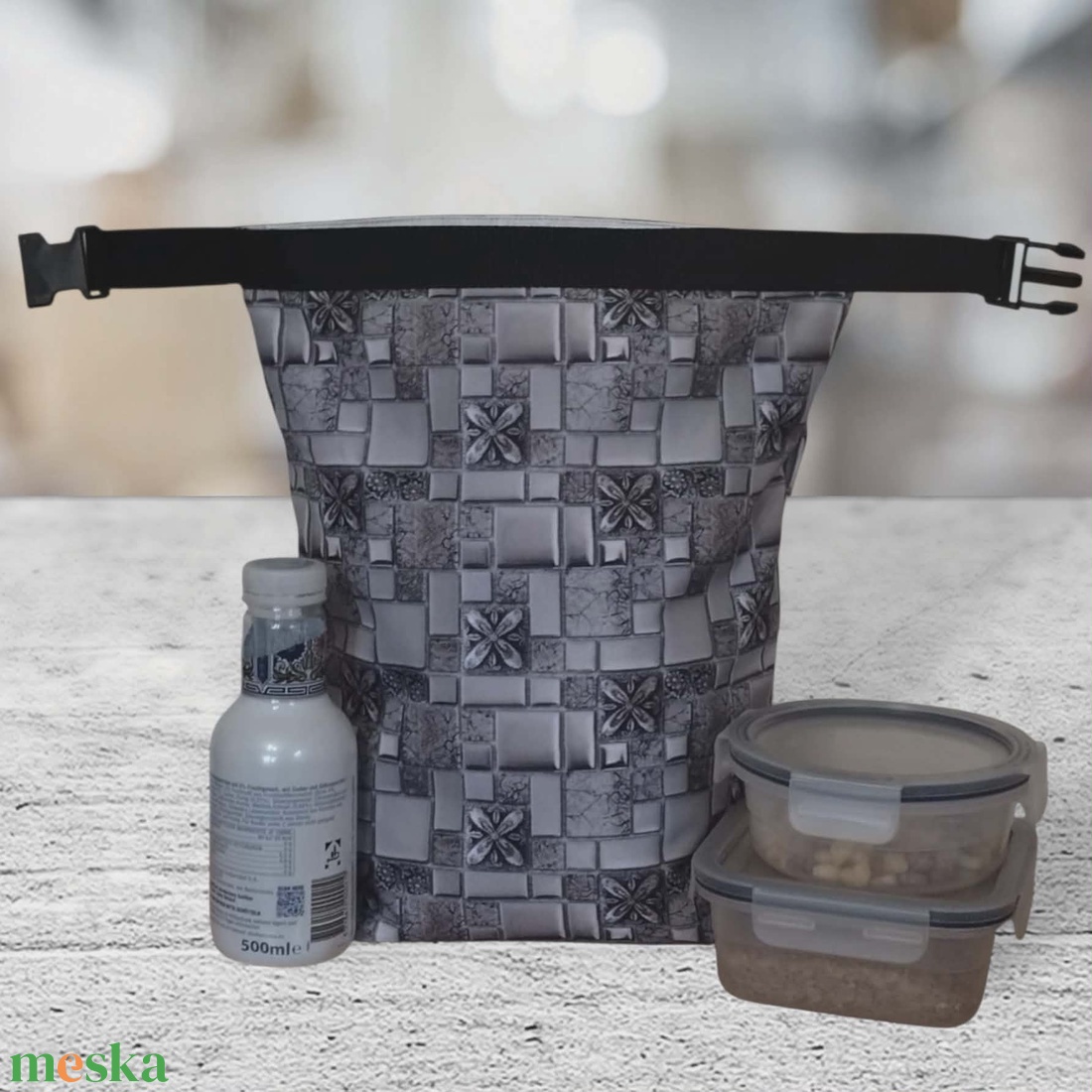 Ételhordó és uzsonnás táska szürke csempés - táska & tok - uzsonna- & ebéd tartó - ebéd tasak, doboz - Meska.hu