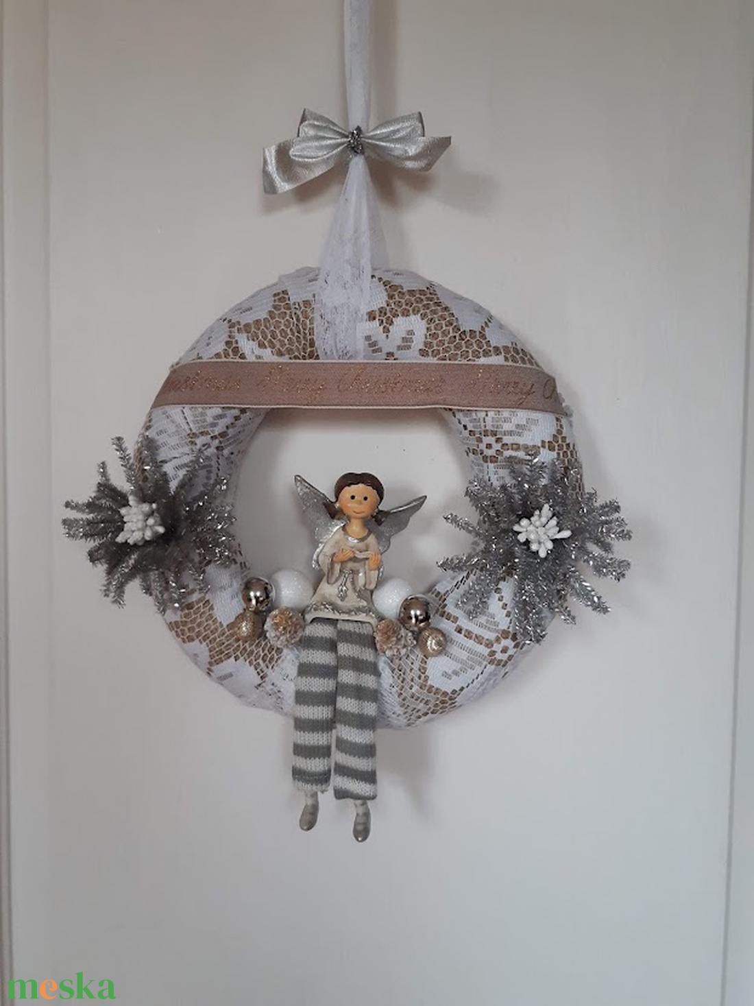 Karácsonyi ajtódísz angyalkával - karácsony - adventi díszek - adventi ajtódísz - Meska.hu