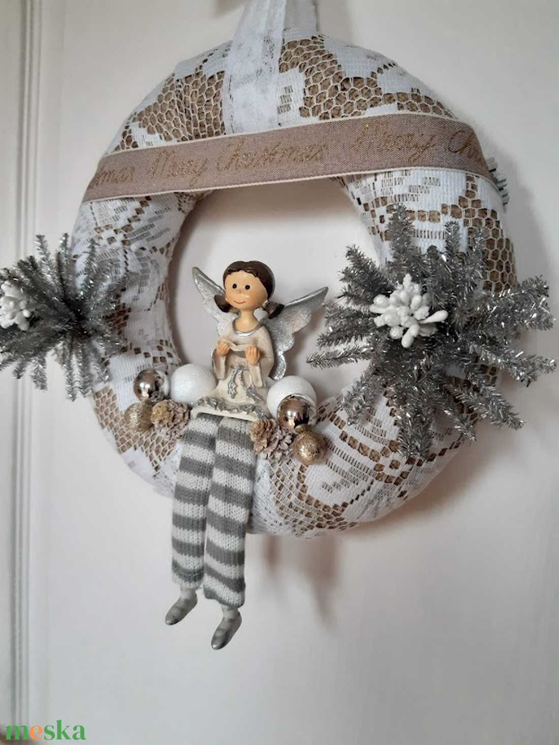 Karácsonyi ajtódísz angyalkával - karácsony - adventi díszek - adventi ajtódísz - Meska.hu