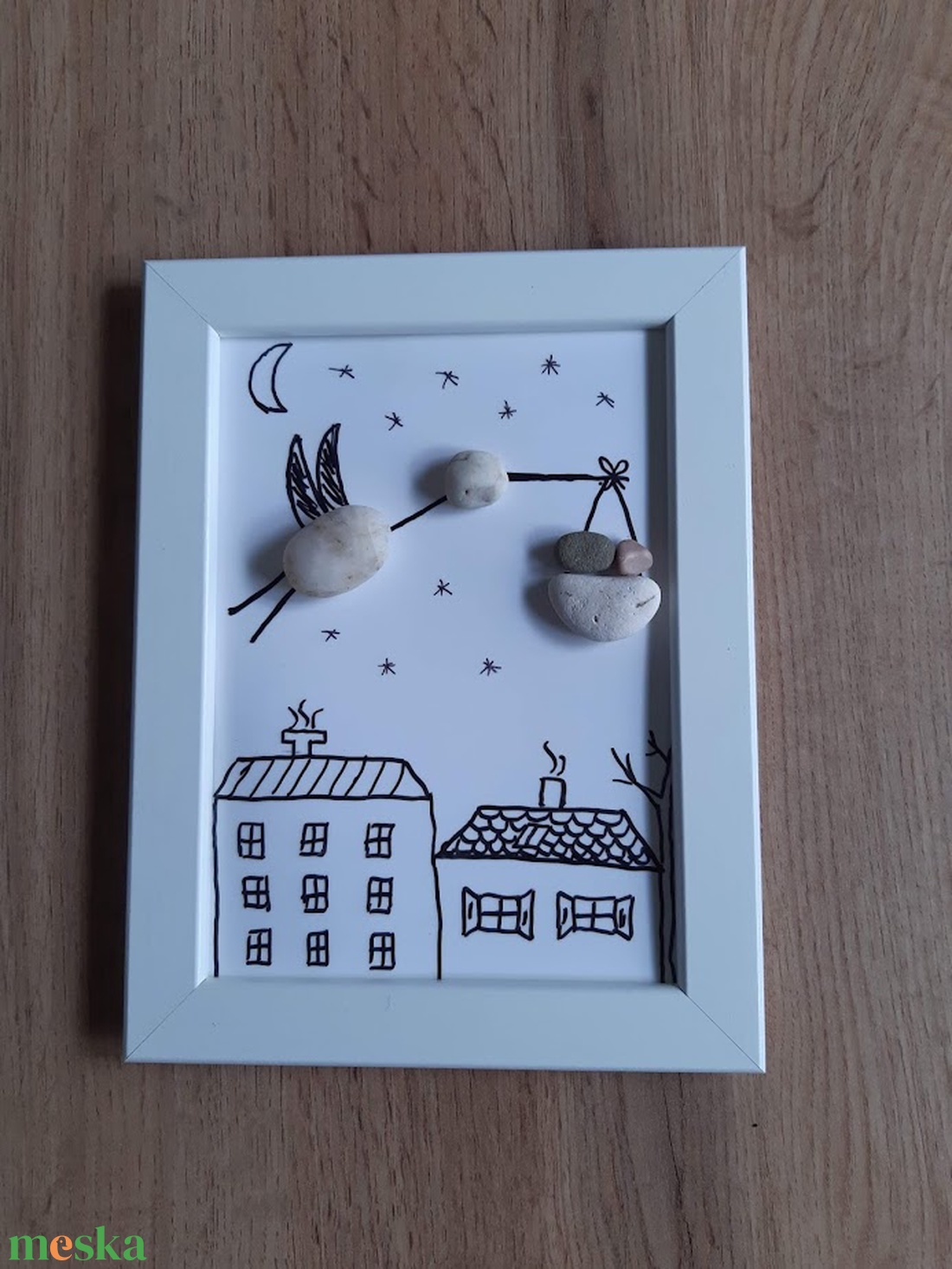 Gólya kisbabával, kavicskép - otthon & életmód - dekoráció - asztal és polc dekoráció - kavics & kő - Meska.hu