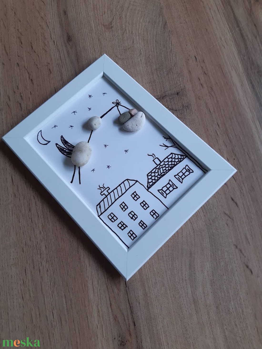 Gólya kisbabával, kavicskép - otthon & életmód - dekoráció - asztal és polc dekoráció - kavics & kő - Meska.hu