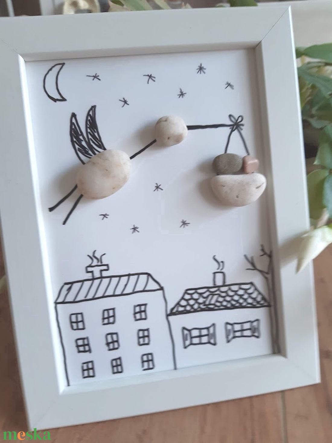 Gólya kisbabával, kavicskép - otthon & életmód - dekoráció - asztal és polc dekoráció - kavics & kő - Meska.hu