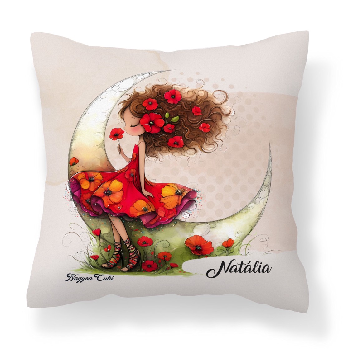 Névvel kérhető - Aranyos pipacs tündérlány és a hold mintás párna - otthon & életmód - lakástextil - párna & párnahuzat - díszpárna (belsővel együtt) - Meska.hu