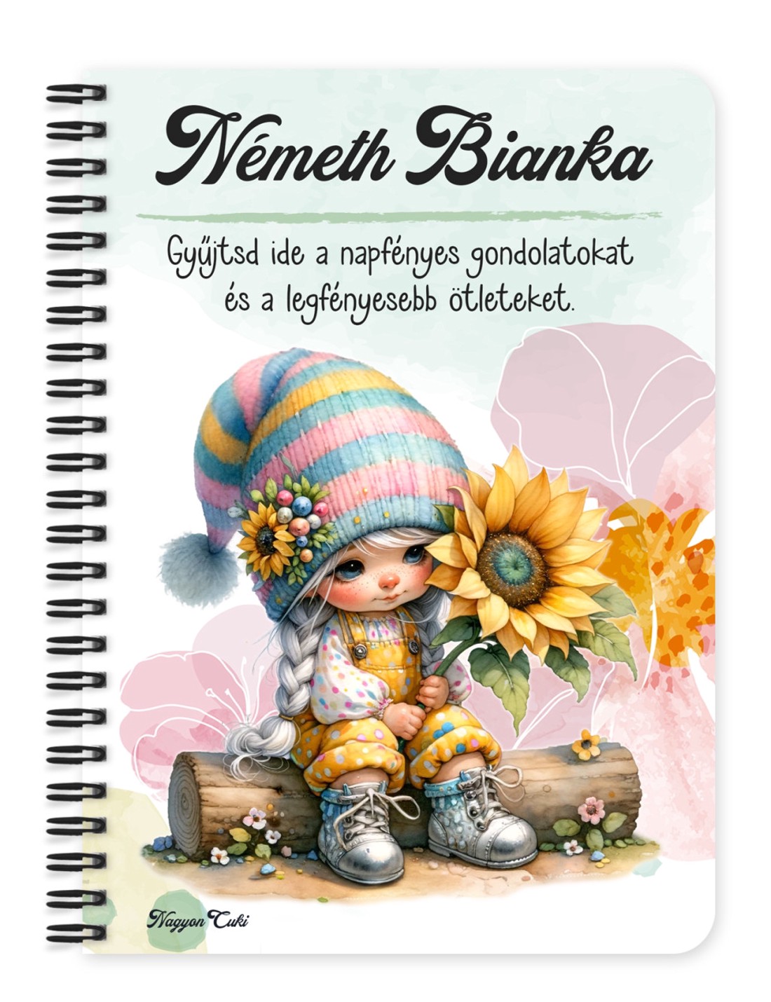Személyre szabható - A legcukibb napraforgós manó lány mintás A5-ös füzet - otthon & életmód - papír, írószer - jegyzetfüzet & napló - Meska.hu