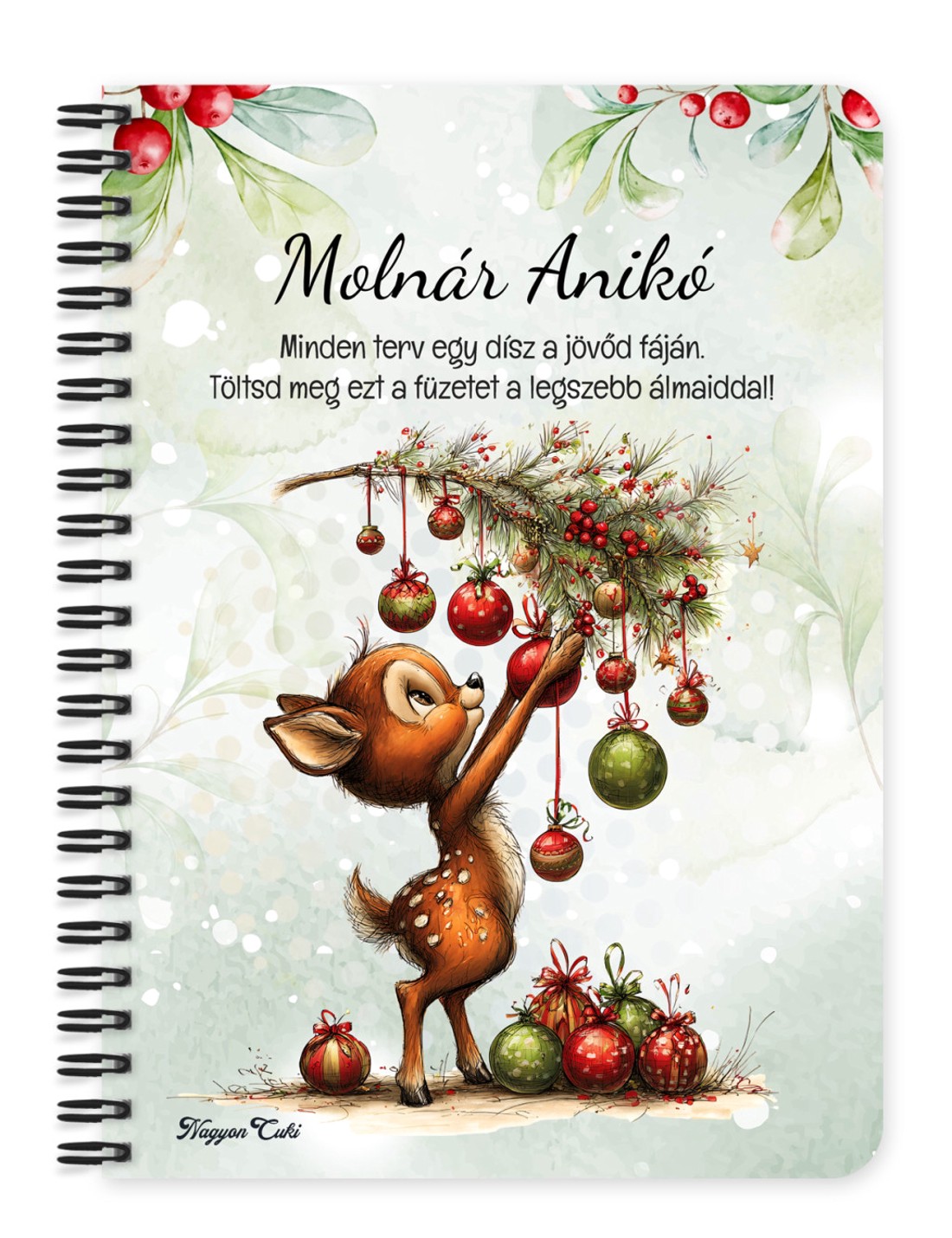 Személyre szabható - Cuki karácsonyi őzike és a díszek mintás A5-ös füzet - otthon & életmód - papír, írószer - jegyzetfüzet & napló - Meska.hu