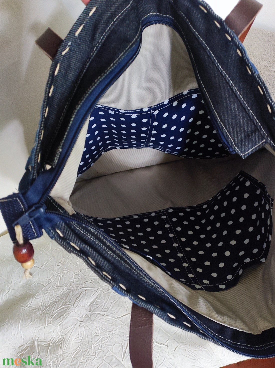 Patchwork farmertáska valódi bőr vállpántokkal - táska & tok - kézitáska & válltáska - nagy pakolós táska - Meska.hu