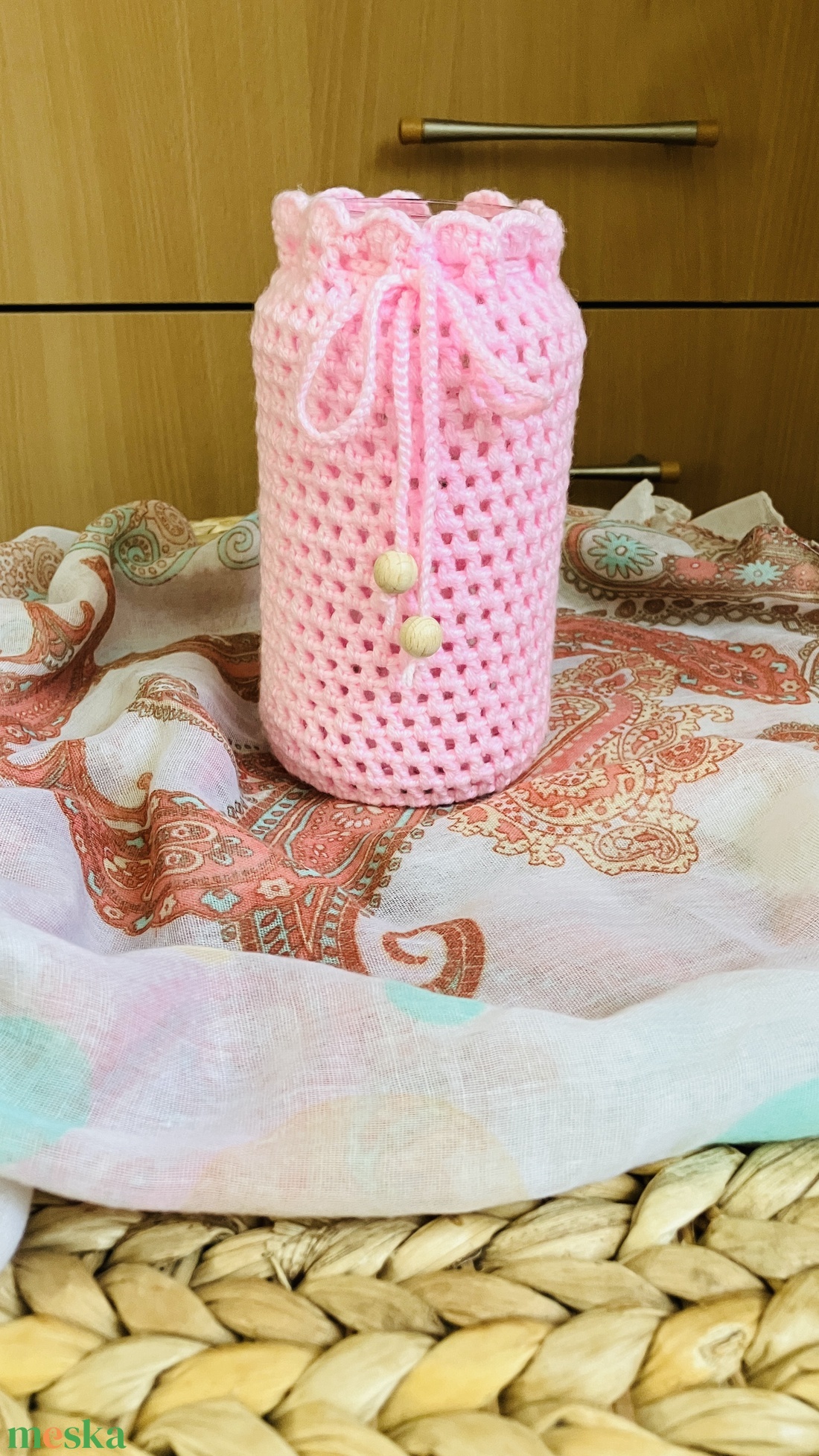 �Kézzel horgolt rózsaszín dekor váza� - otthon & életmód - virágdekoráció - virágtartó - váza - Meska.hu