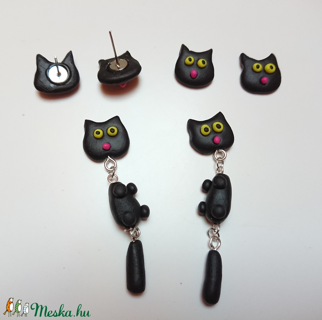 Fekete macska cica hosszú bedugós fülbevaló Fimo gyurma  -  - Meska.hu