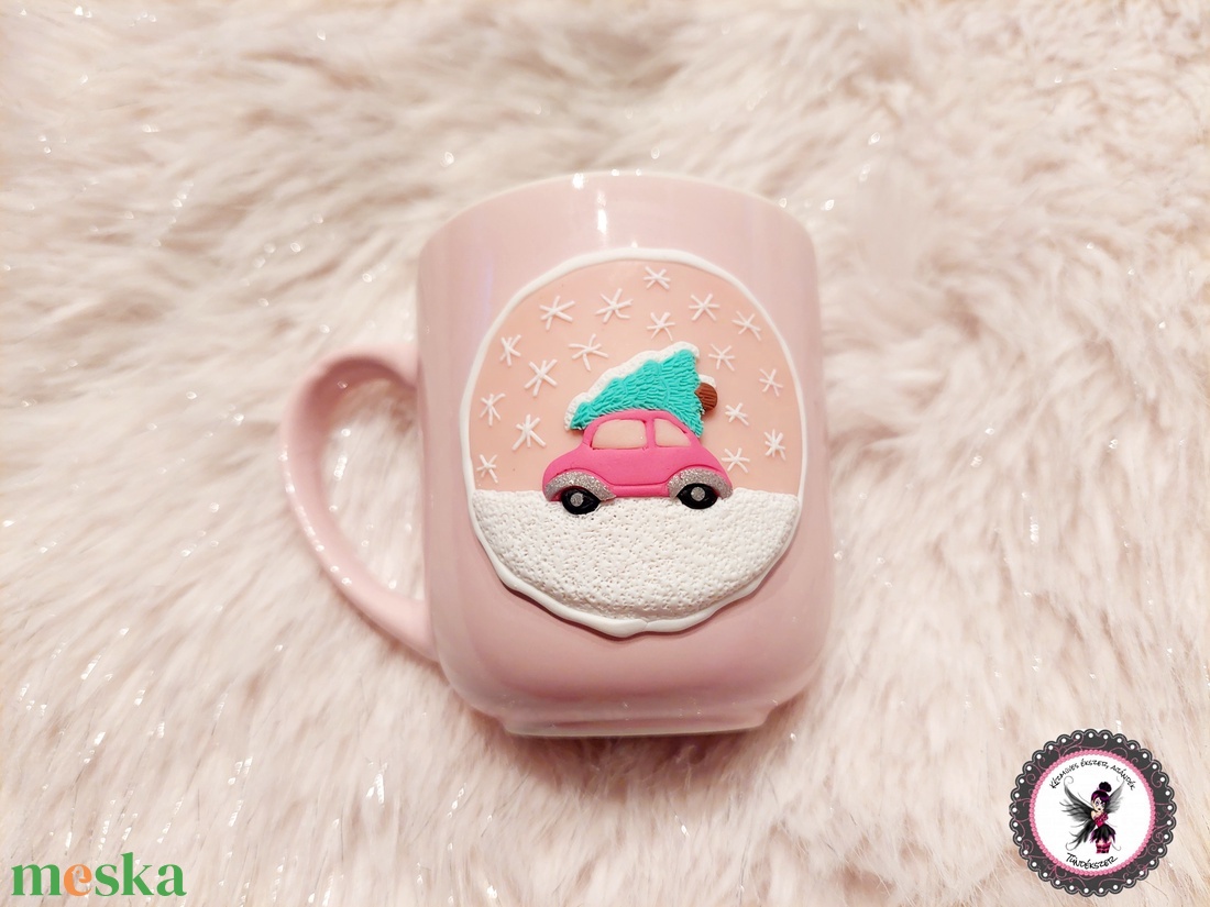 Karácsonyi mintás bögre kisautó fenyővel - otthon & életmód - konyhafelszerelés, tálalás - tálalás - bögre & csésze - Meska.hu