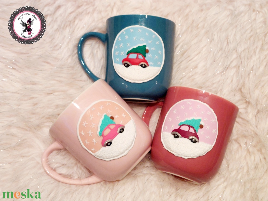 Karácsonyi mintás bögre kisautó fenyővel - otthon & életmód - konyhafelszerelés, tálalás - tálalás - bögre & csésze - Meska.hu