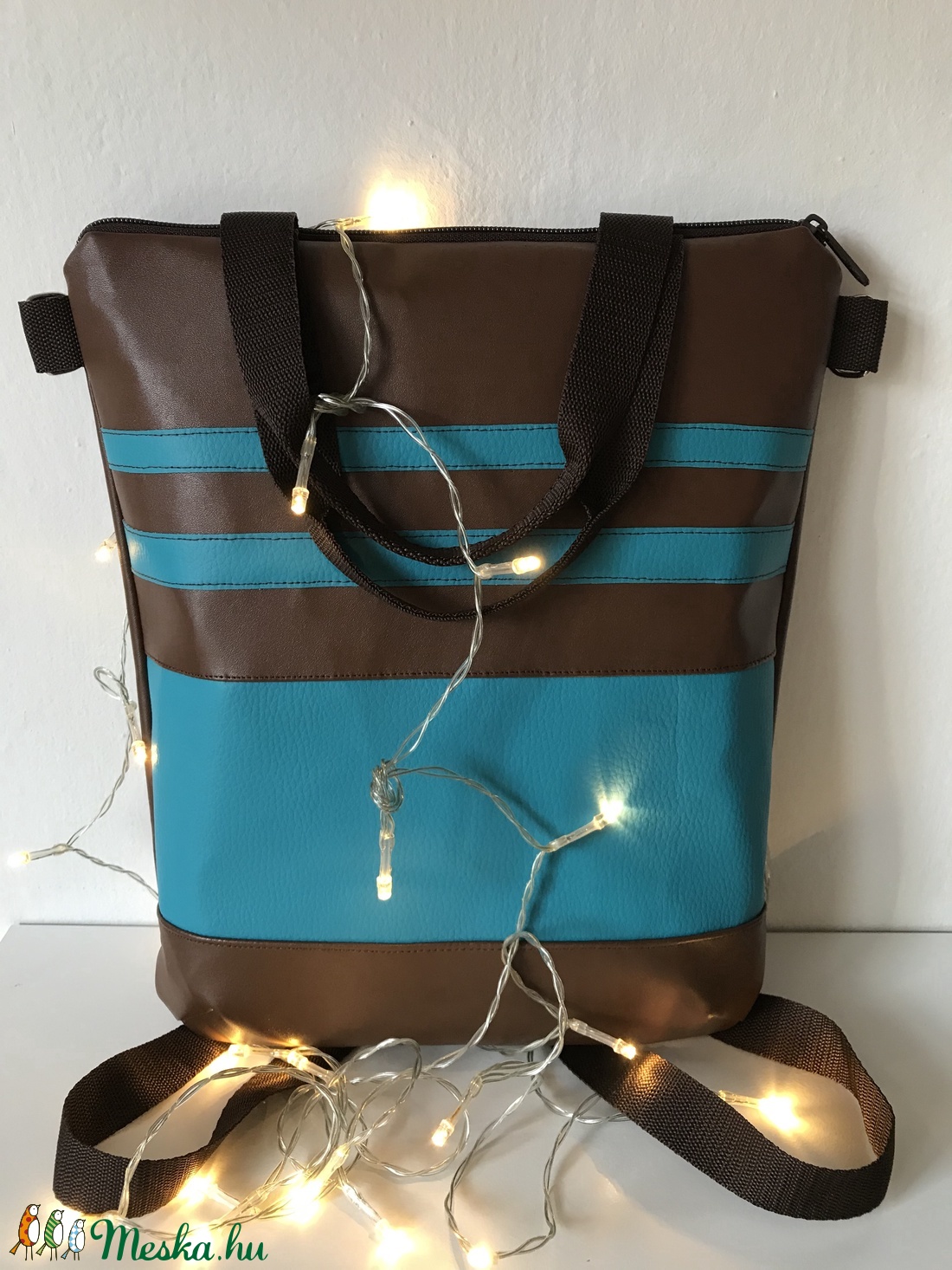Csokibarna türkizzel , 4 az 1-ben, variálható táska, sok zsebes,  textilbőr hátizsák, oldaltáska, válltáska, kézitáska - táska & tok - variálható táska - Meska.hu