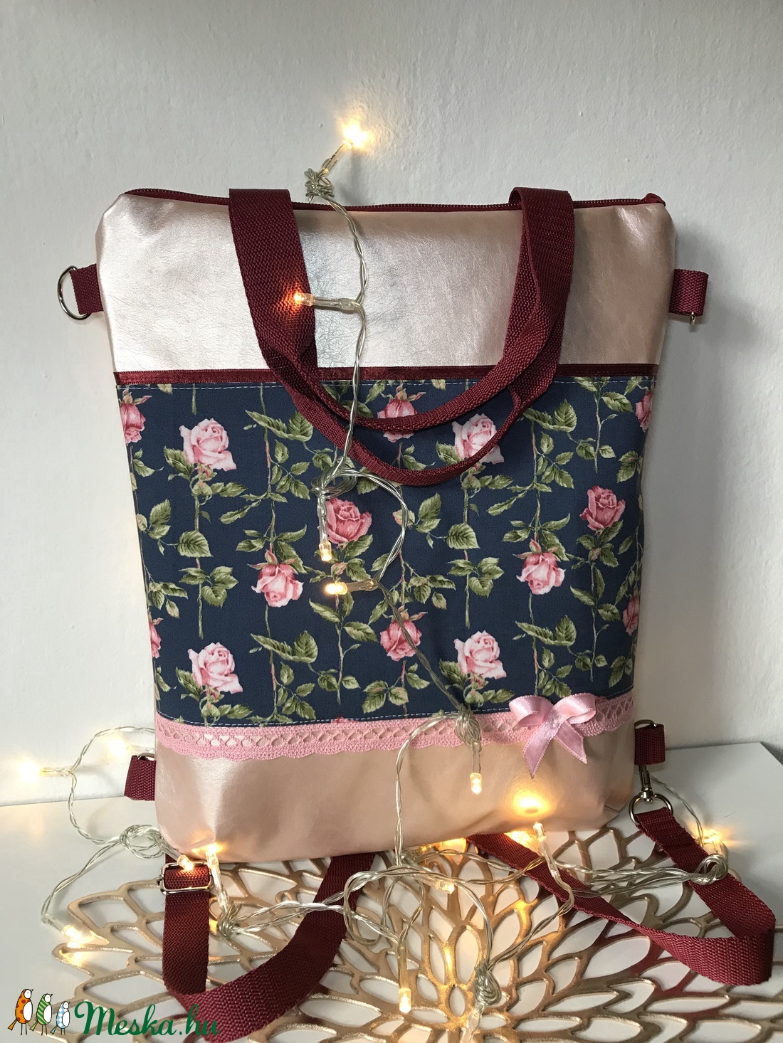 Csipkés-rózsás 4 az 1-ben textilbőr, variálható táska, hátizsák, válltáska, oldaltáska, kézitáska - táska & tok - variálható táska - Meska.hu