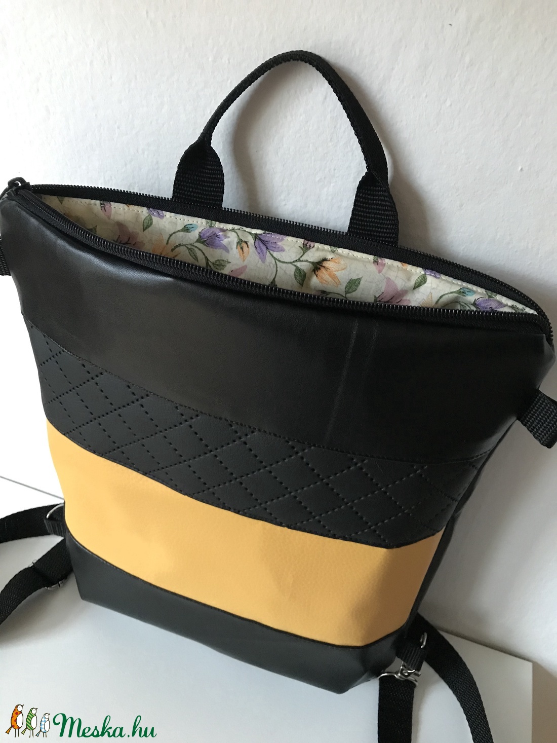 Fekete-okker-steppelt, 4 az 1-ben, textilbőr variálható hátizsák, válltáska, oldaltáska és kézi táska - táska & tok - variálható táska - Meska.hu