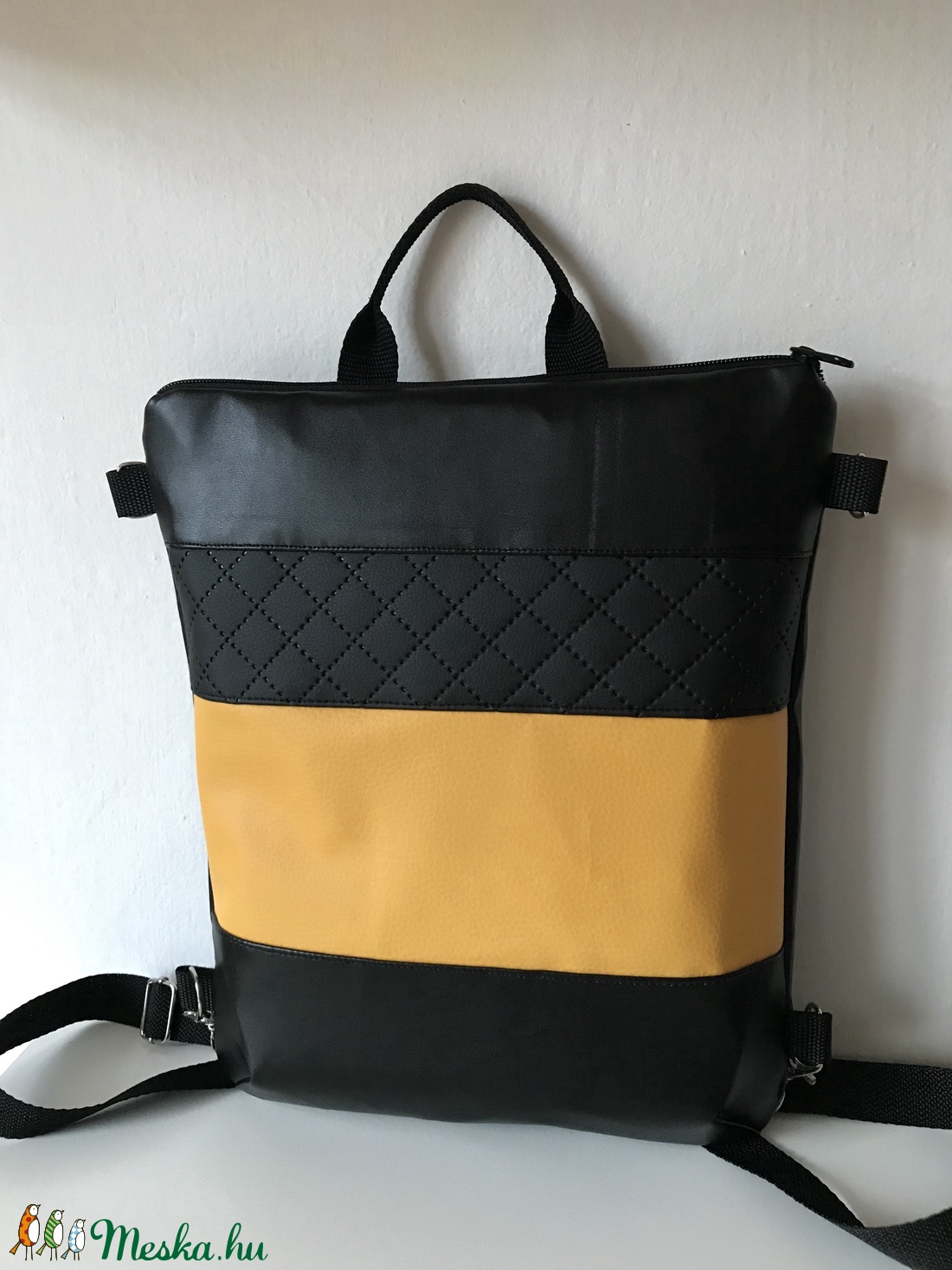 Fekete-okker-steppelt, 4 az 1-ben, textilbőr variálható hátizsák, válltáska, oldaltáska és kézi táska - táska & tok - variálható táska - Meska.hu