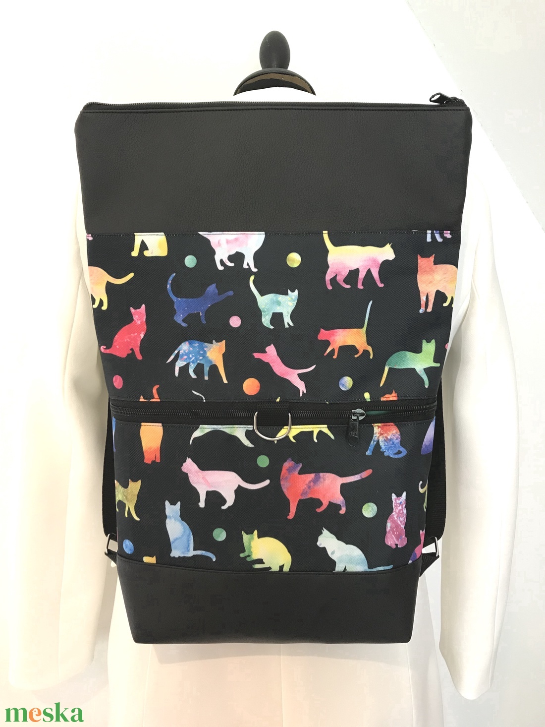 Rolltop Fekete-cica mintás-Vízálló-Hátizsák-Hátitáska - táska & tok - hátizsák - roll top hátizsák - Meska.hu