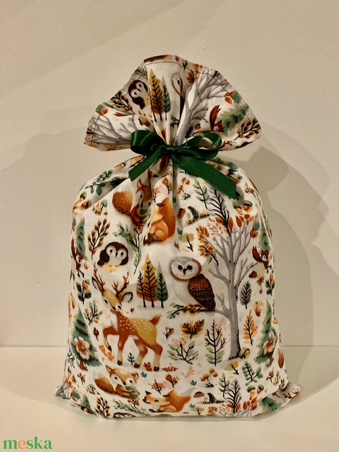 Készleten! Bélelt, karácsonyi, erdei állatos ajándékátadó textil zsák - karácsony - karácsonyi ajándékozás - karácsonyi ajándékcsomagolás - Meska.hu