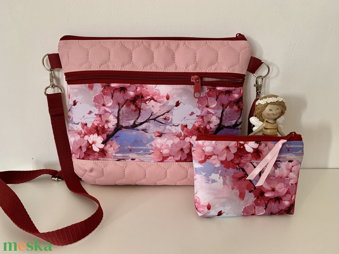 Crossbody+irattartó cseresznye virág mintás / válltáska/ keresztpántos táska/ oldaltáska - táska & tok - kézitáska & válltáska - válltáska - Meska.hu