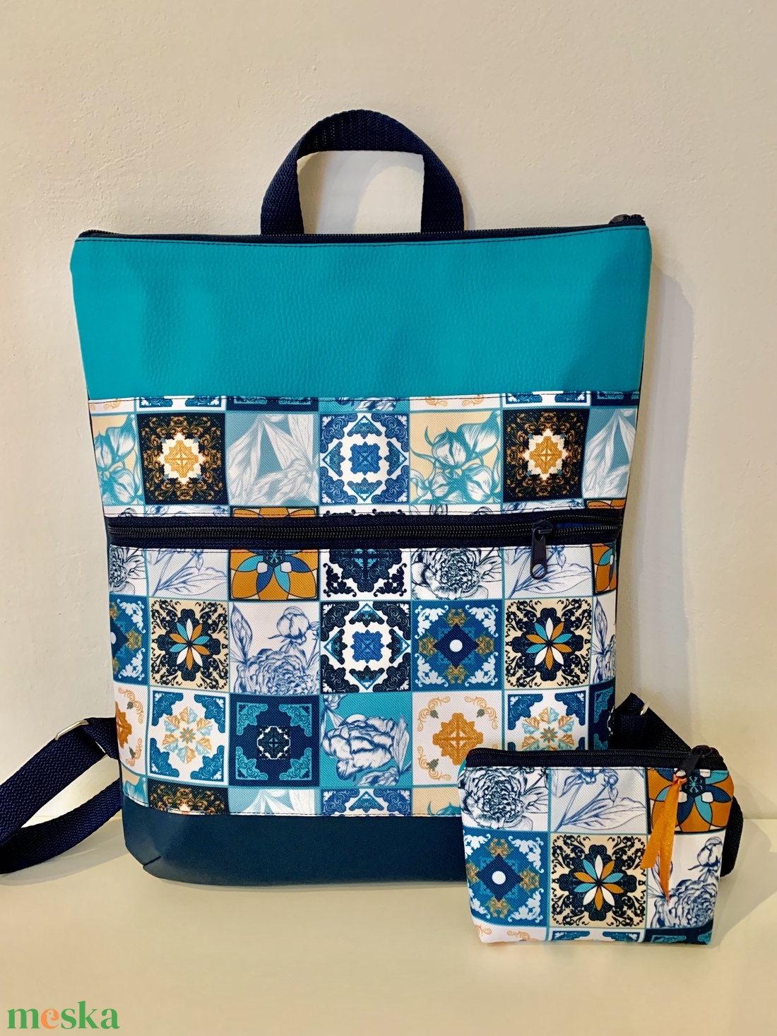  Hátizsák+irattartó/pénztárca/ Kék-türkiz mozaik mintás-Laptop hátizsák-Hátitáska-Vízálló - táska & tok - hátizsák - hátizsák - Meska.hu