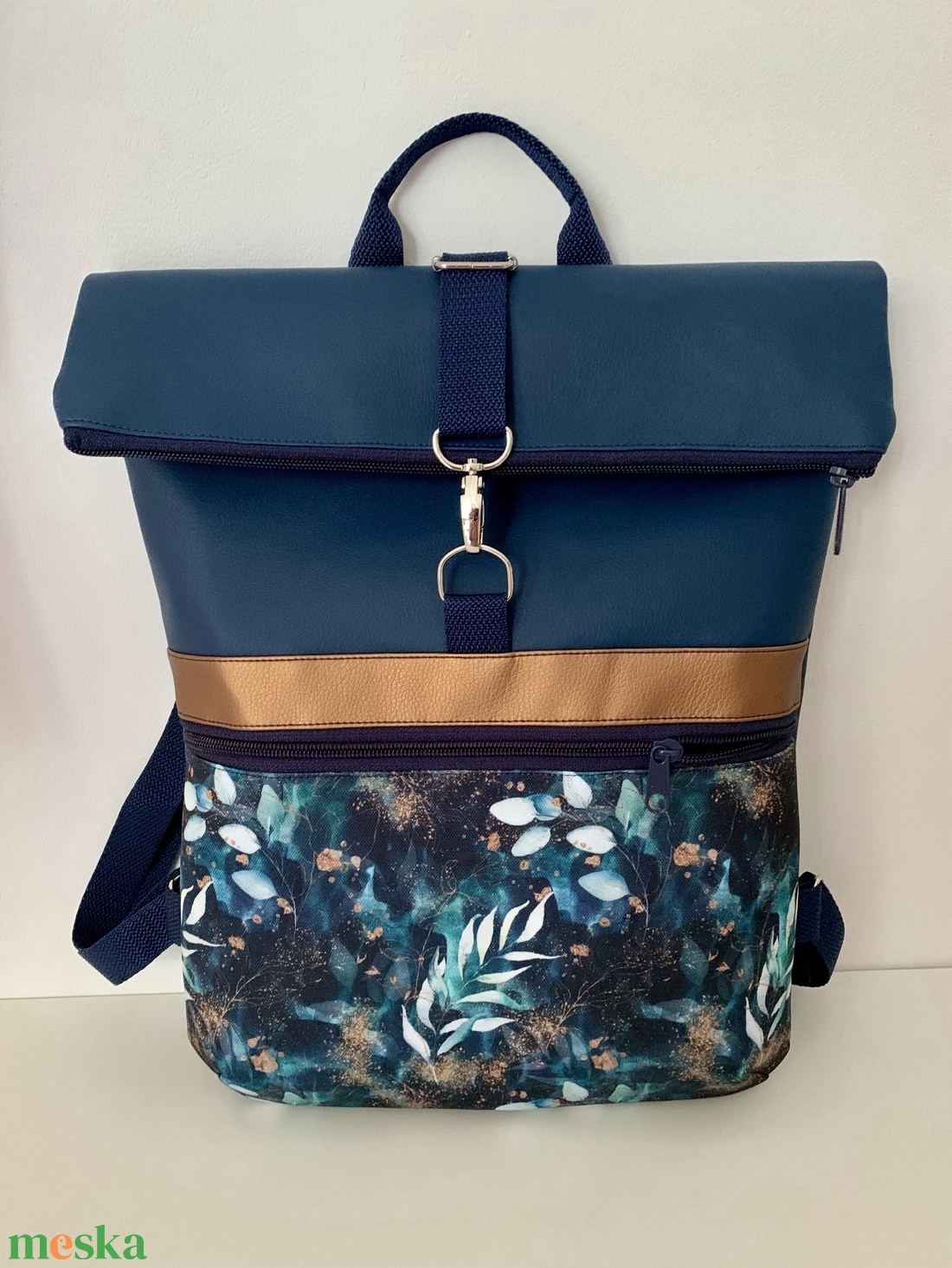 Rolltop-Kék-türkiz levél mintás-Vízálló-Hátizsák-Hátitáska  - táska & tok - hátizsák - roll top hátizsák - Meska.hu