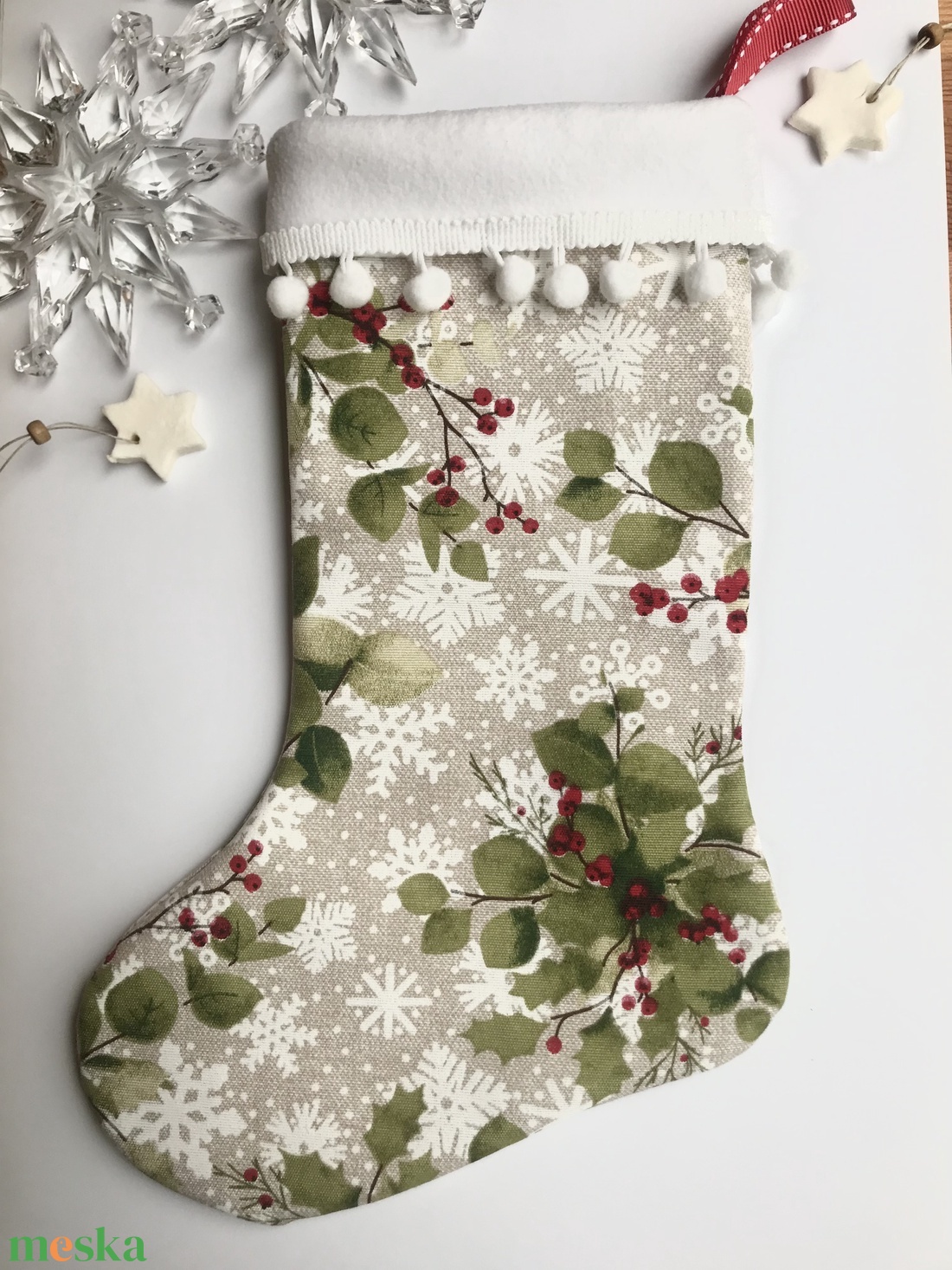 piros bogyós mintájú Mikulás zokni  - karácsony - mikulás - mikulás csizma és zokni - Meska.hu