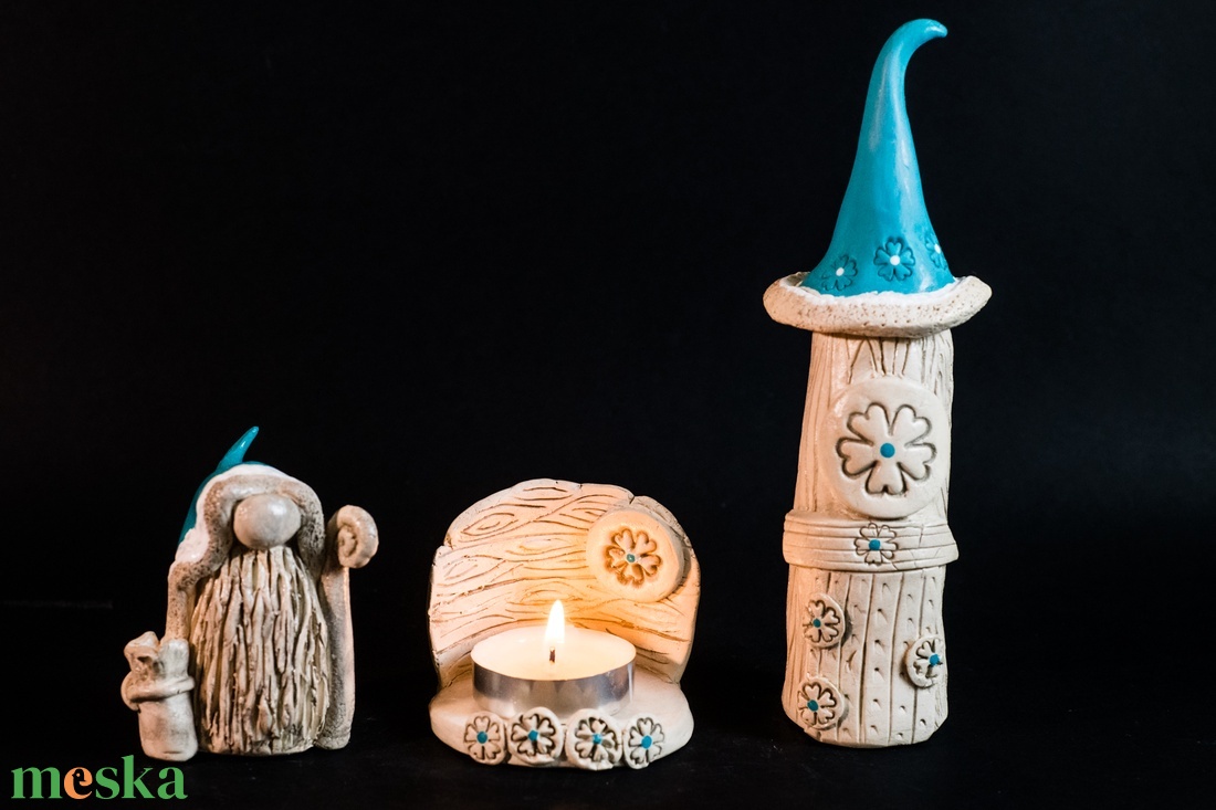 Karácsonyi mécsestartó türkiz készlet - karácsony - karácsonyi lakásdekoráció - karácsonyi falu, házikó - Meska.hu