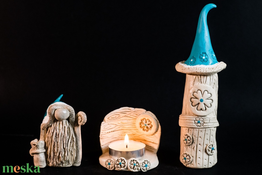 Karácsonyi mécsestartó türkiz készlet - karácsony - karácsonyi lakásdekoráció - karácsonyi falu, házikó - Meska.hu