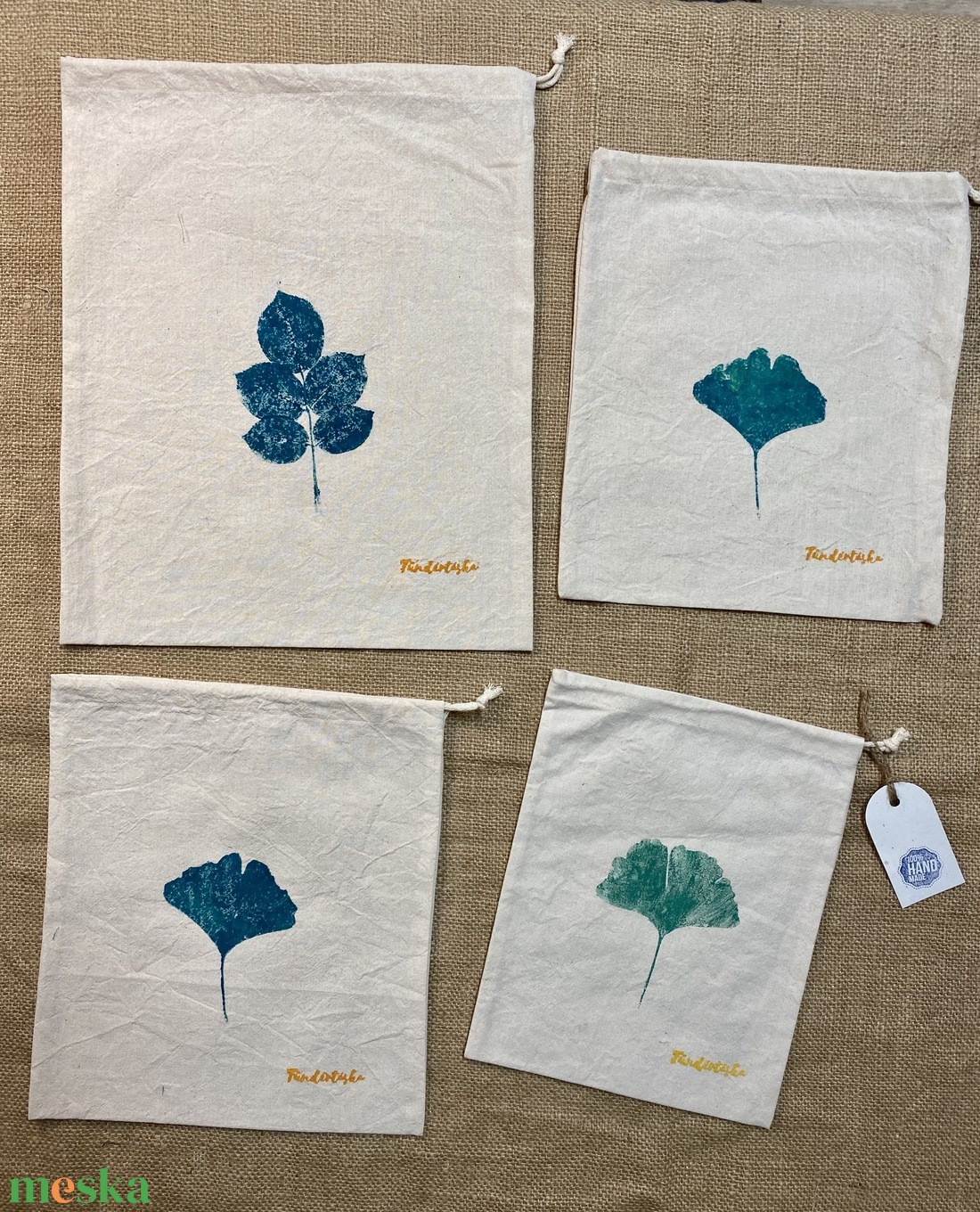 Öko vászonzsákok Ginko levél lenyomattal (4db) - táska & tok - bevásárlás & shopper táska - zöldség/gyümölcs zsák - Meska.hu