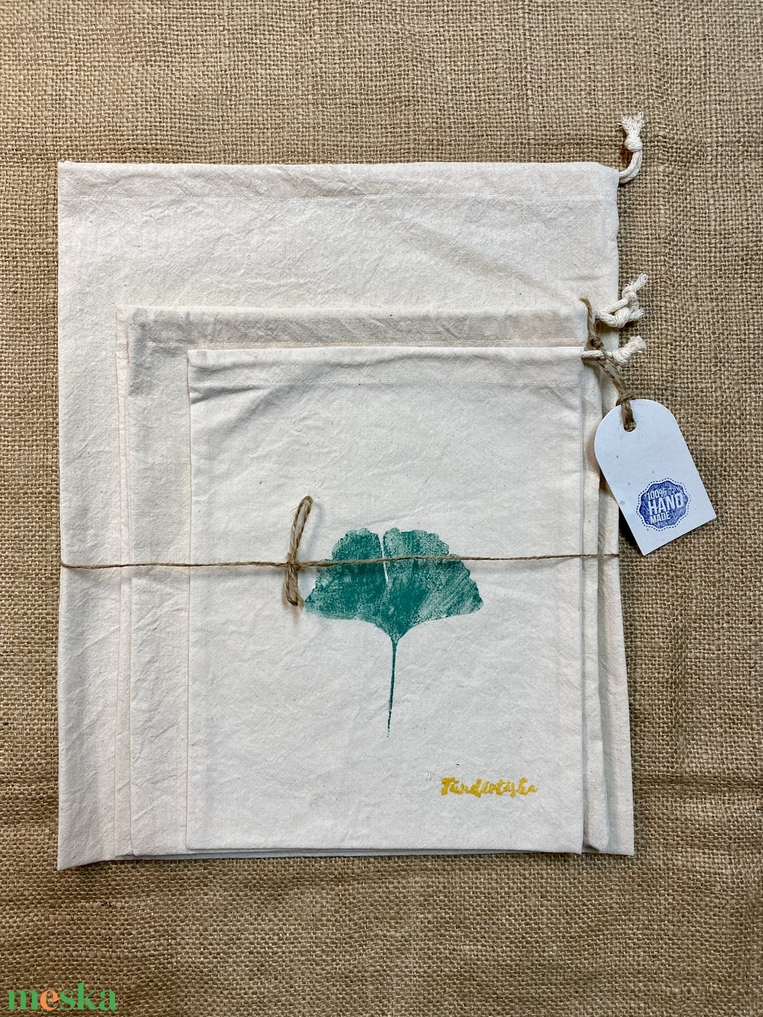 Öko vászonzsákok Ginko levél lenyomattal (4db) - táska & tok - bevásárlás & shopper táska - zöldség/gyümölcs zsák - Meska.hu