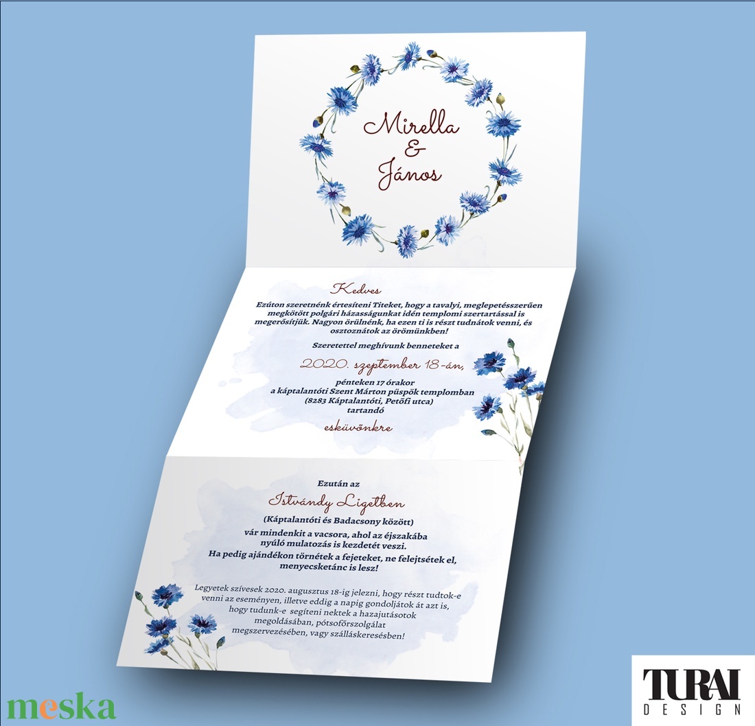 Búzavirágos esküvői meghívó - esküvői grafika - A6 leporello - esküvő - meghívó & kártya - meghívó - Meska.hu