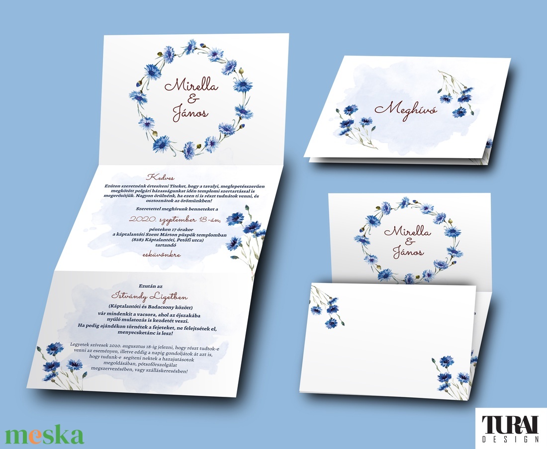 Búzavirágos esküvői meghívó - esküvői grafika - A6 leporello - esküvő - meghívó & kártya - meghívó - Meska.hu