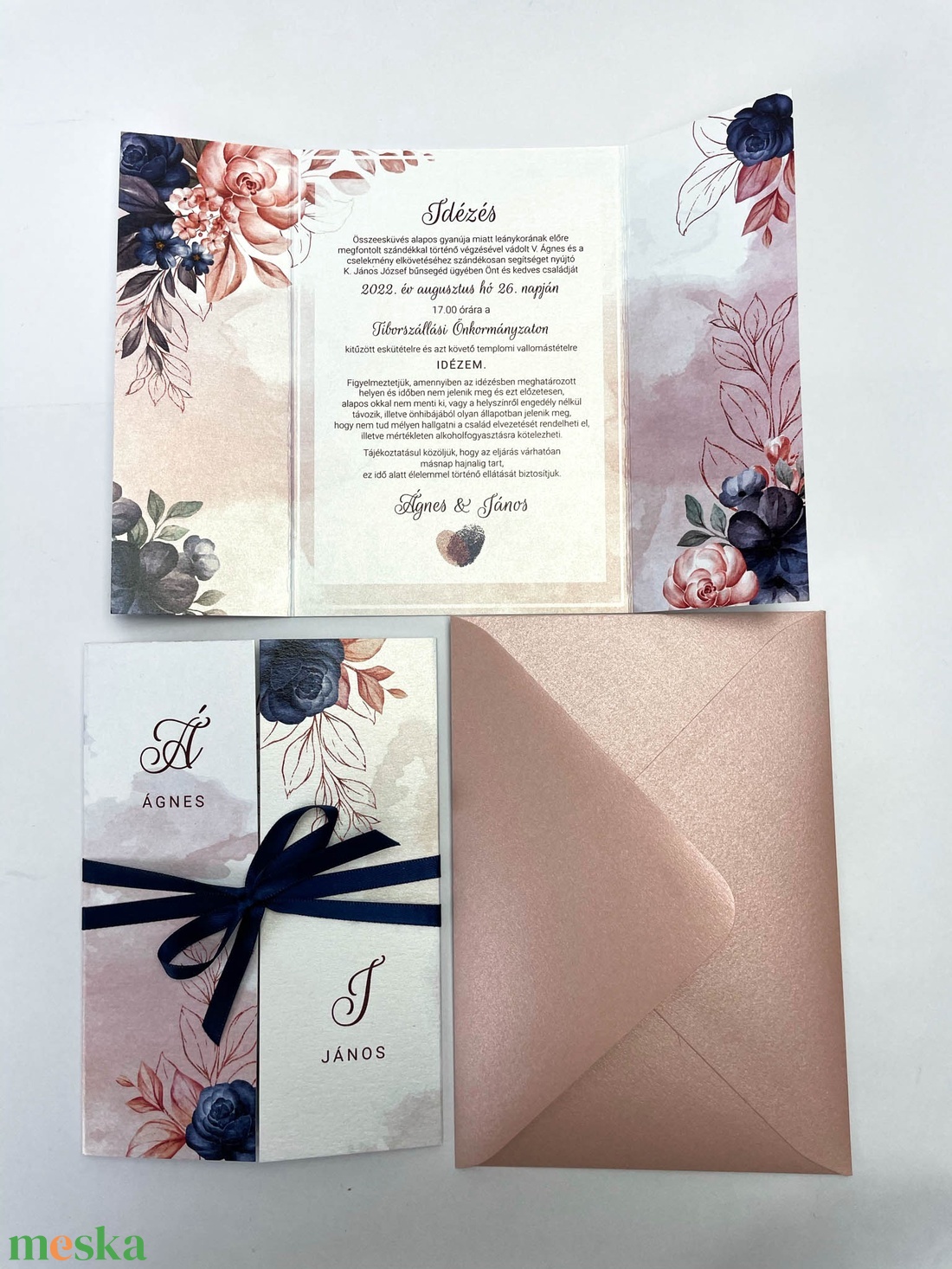 Rosegold és kék esküvői meghívó - esküvő - meghívó & kártya - meghívó - Meska.hu