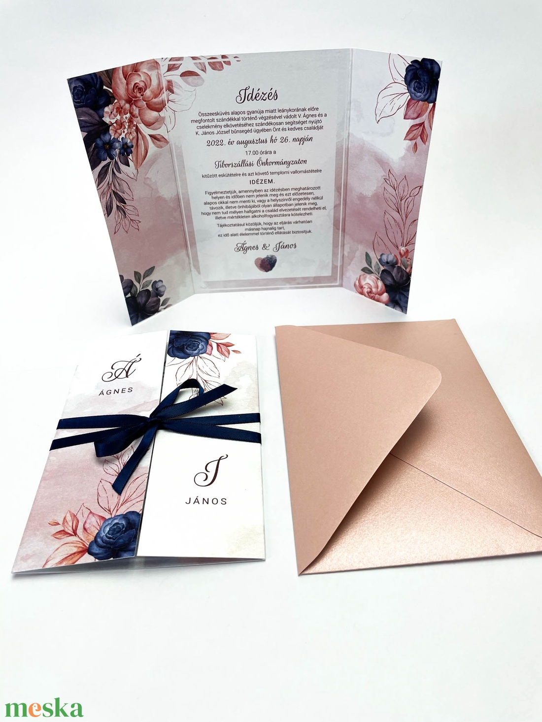 Rosegold és kék esküvői meghívó - esküvő - meghívó & kártya - meghívó - Meska.hu