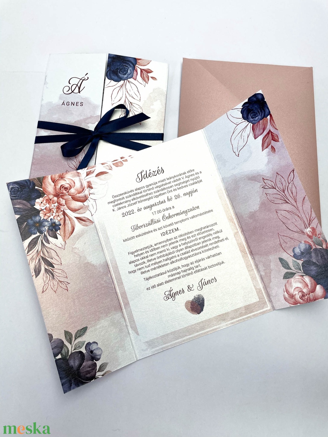 Rosegold és kék esküvői meghívó - esküvő - meghívó & kártya - meghívó - Meska.hu